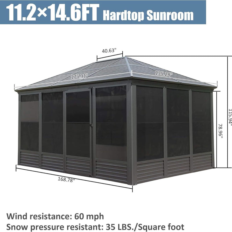 [11X14FT] Premium Four Season Outdoor Aluminum Hardtop Gazebo Sunroom With Galvanized Steel Roof, Sliding Doors And Movable PVC Screen Walls (SAK88776) - Saksby Wholesale - Dimensions