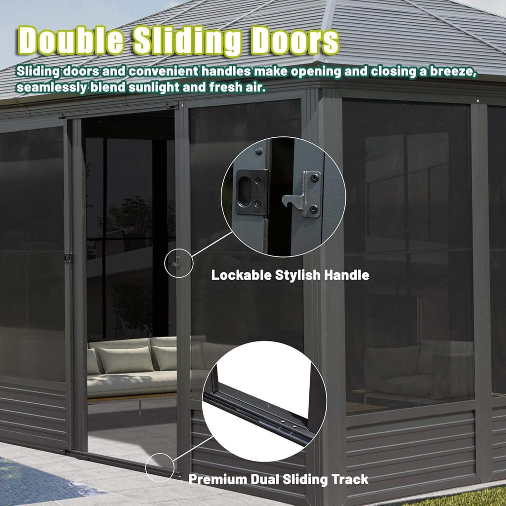 [11X14FT] Premium Four Season Outdoor Aluminum Hardtop Gazebo Sunroom With Galvanized Steel Roof, Sliding Doors And Movable PVC Screen Walls (SAK88776) - Saksby Wholesale - Doors