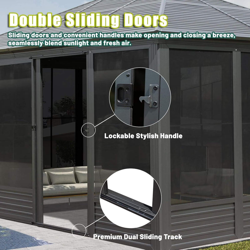 [11X14FT] Premium Four Season Outdoor Aluminum Hardtop Gazebo Sunroom With Galvanized Steel Roof, Sliding Doors And Movable PVC Screen Walls (SAK88776) - Saksby Wholesale - Doors