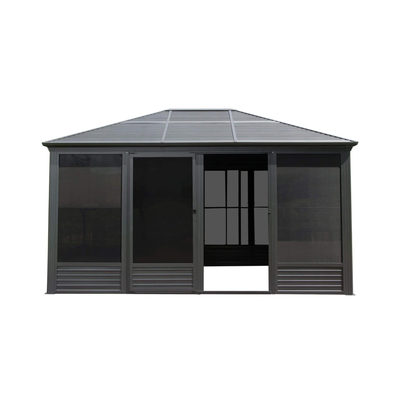 [11X14FT] Premium Four Season Outdoor Aluminum Hardtop Gazebo Sunroom With Galvanized Steel Roof, Sliding Doors And Movable PVC Screen Walls (SAK88776) - Saksby Wholesale - Front View
