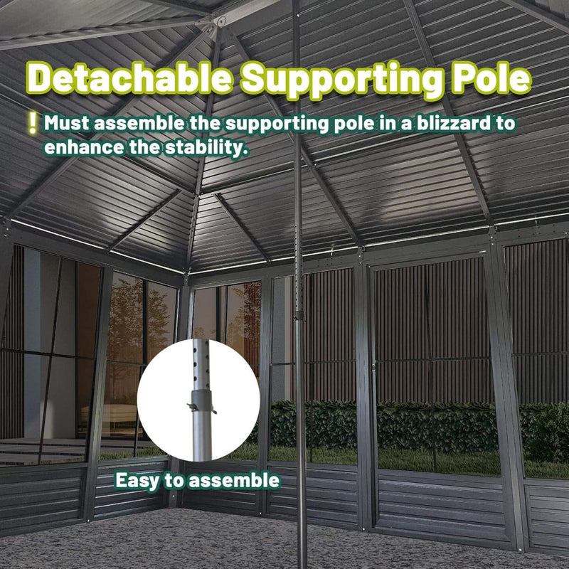 [11X14FT] Premium Four Season Outdoor Aluminum Hardtop Gazebo Sunroom With Galvanized Steel Roof, Sliding Doors And Movable PVC Screen Walls (SAK88776) - Saksby Wholesale - Pole