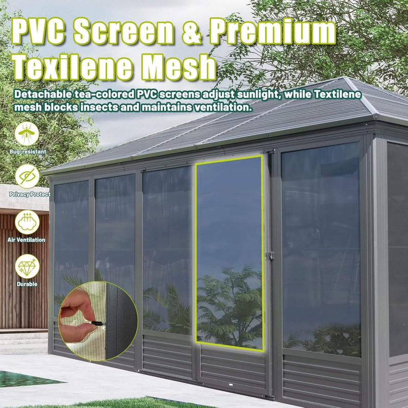 [11X14FT] Premium Four Season Outdoor Aluminum Hardtop Gazebo Sunroom With Galvanized Steel Roof, Sliding Doors And Movable PVC Screen Walls (SAK88776) - Saksby Wholesale - PVC Screen & Mesh