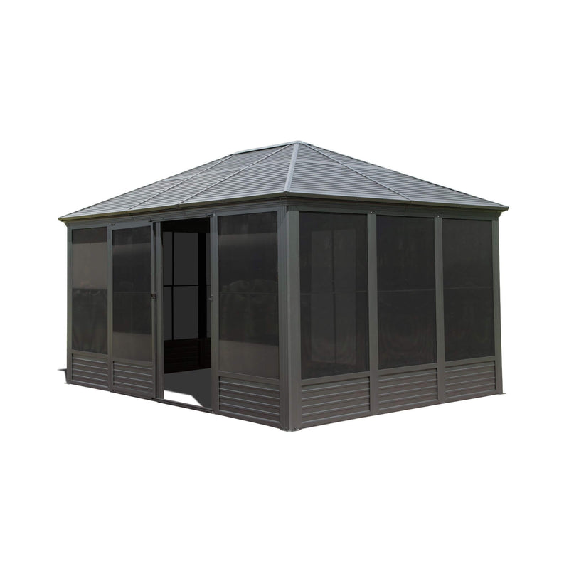 [11X14FT] Premium Four Season Outdoor Aluminum Hardtop Gazebo Sunroom With Galvanized Steel Roof, Sliding Doors And Movable PVC Screen Walls (SAK88776) - Saksby Wholesale - Sunroom In White Background