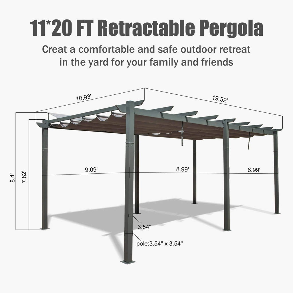 [11X20FT] Premium Outdoor Retractable Aluminum Pergola Gazebo With Weather-Resistant Canopy (SAK54612) - Saksby Wholesale - Dimensions