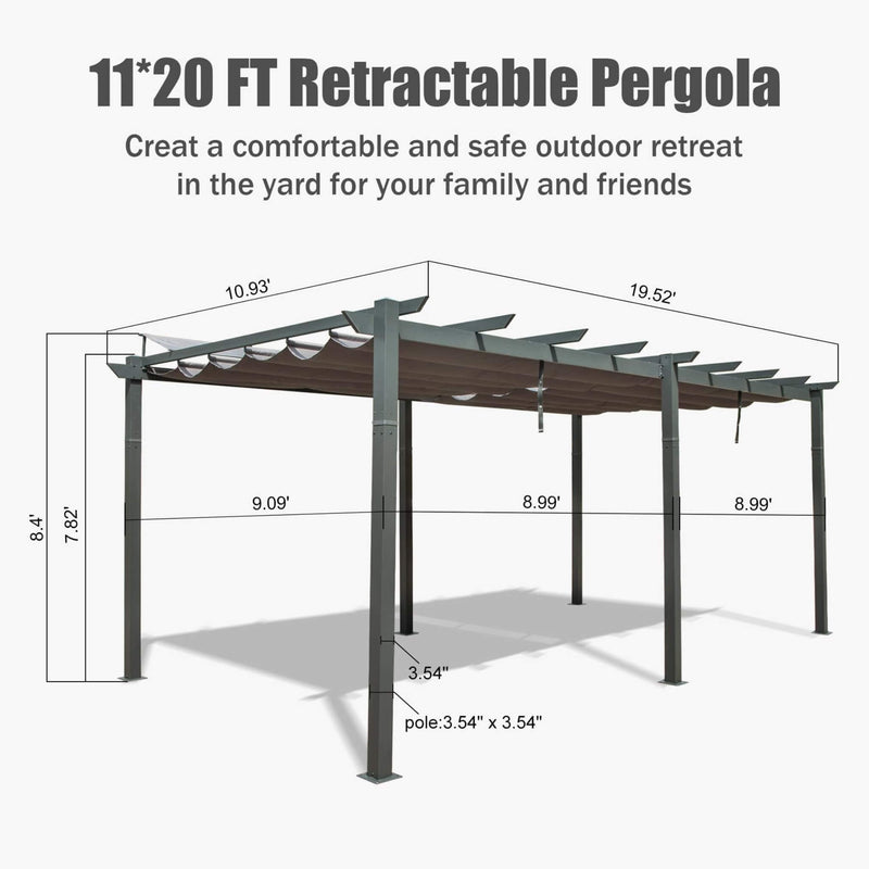 [11X20FT] Premium Outdoor Retractable Aluminum Pergola Gazebo With Weather-Resistant Canopy (SAK54612) - Saksby Wholesale - Dimensions