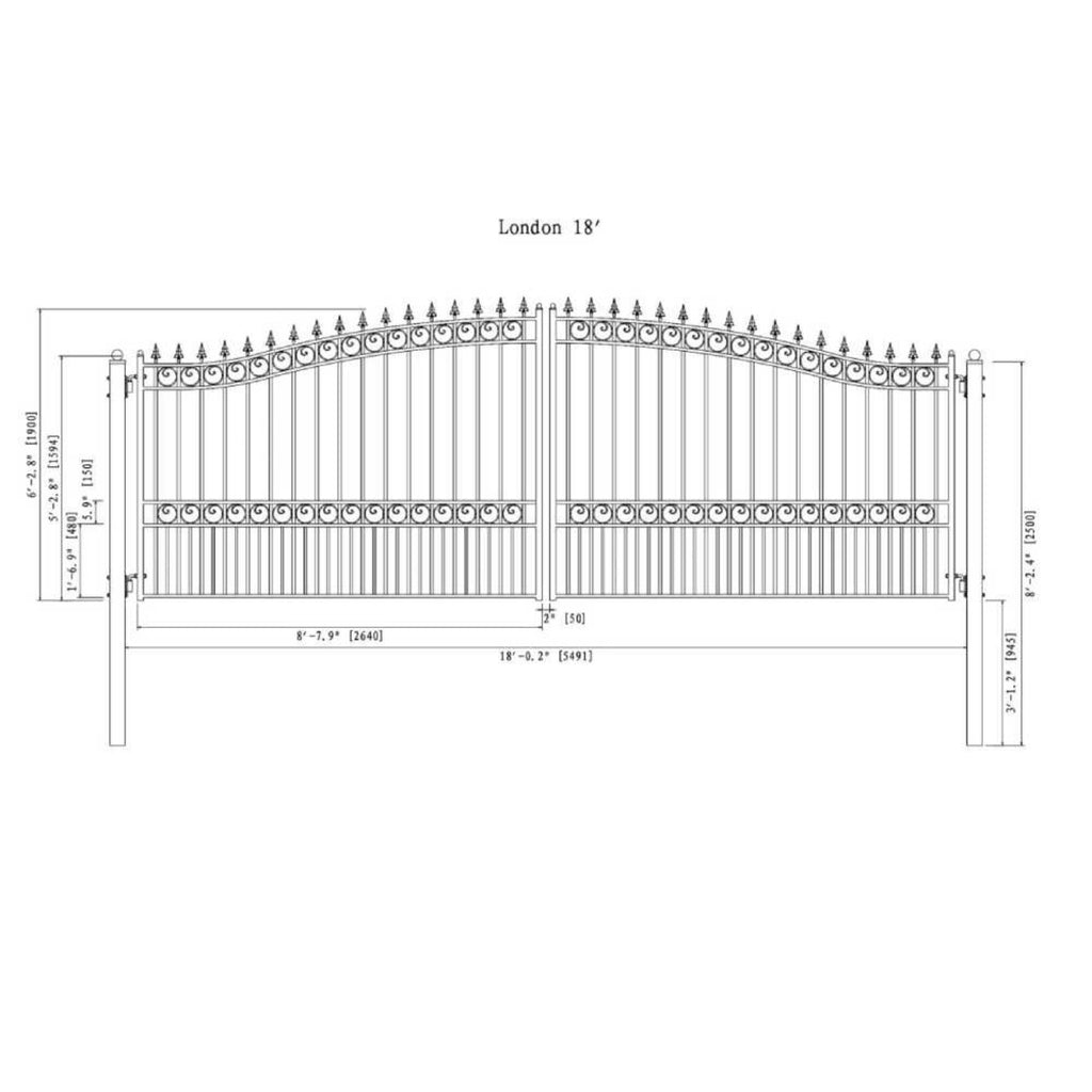 [12-18FT] Aleko London Powder Coated Galvanized Steel Dual Swing Driveway Gate [DGLOND-AP] (SAK48520) - Saksby Wholesale - 18ft Dimensions