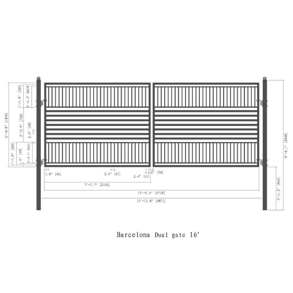 [12-18FT] Barcelona Powder Coated Steel Galvanized Dual Swing Driveway Gate [DGBARCD-AP] (SAK25978) - Saksby Wholesale - 16ft Dimensions