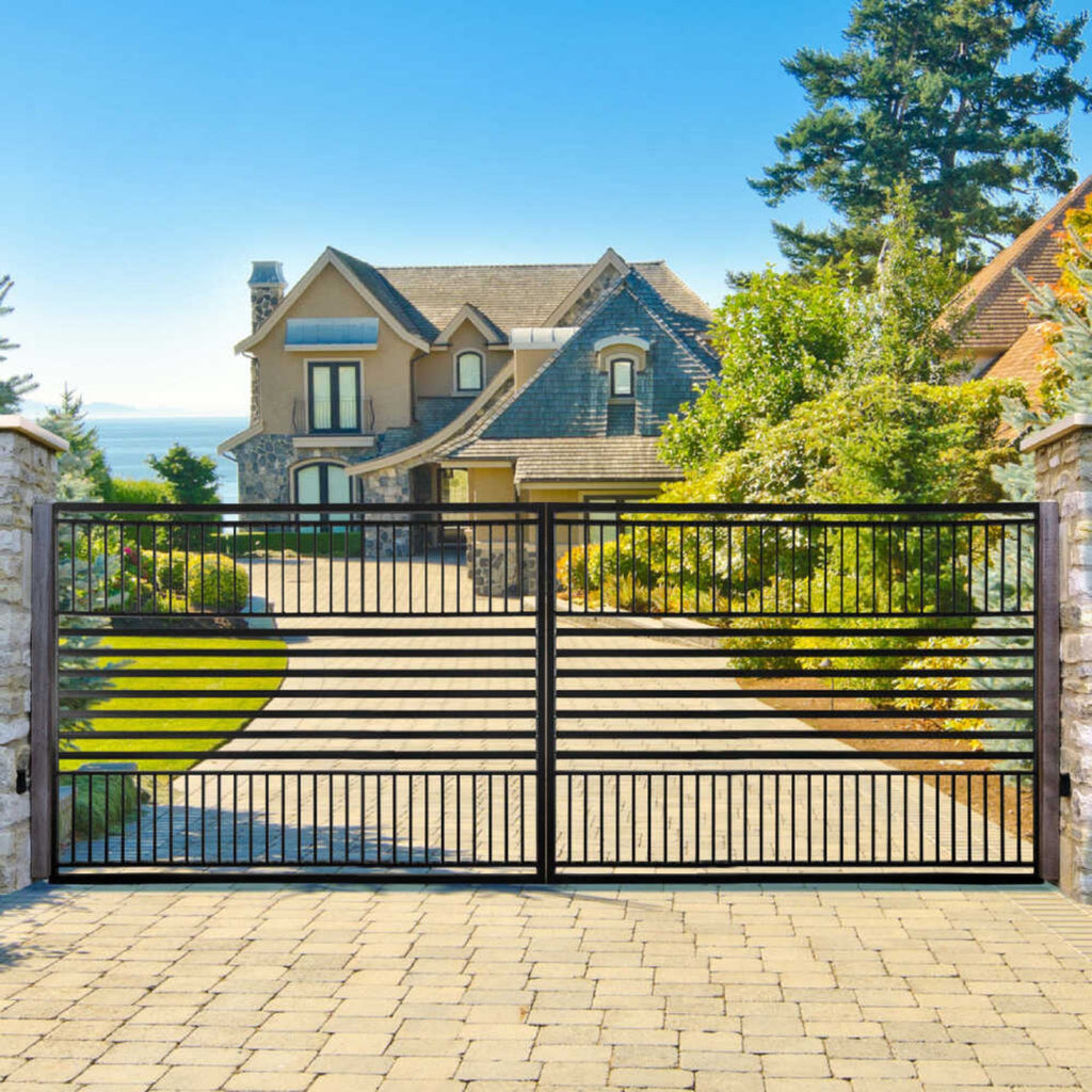 [12-18FT] Barcelona Powder Coated Steel Galvanized Dual Swing Driveway Gate [DGBARCD-AP] (SAK25978) - Saksby Wholesale - Lifestyle Image