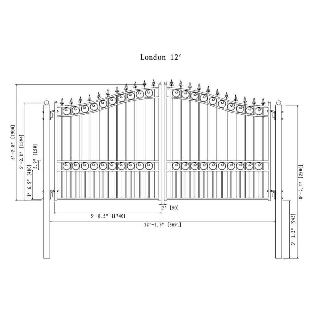 [12-18FT] London-Style Powder-Coated Galvanized Steel Dual Swing Driveway Gate [DGLOND-AP] (SAK48520) - Saksby Wholesale - 12FT Dimensions