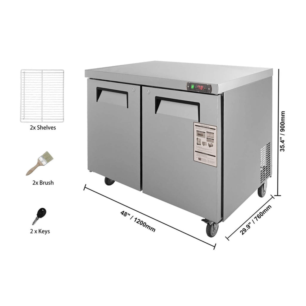 
12.9 Cu.Ft 2-Door 48-Inch Commercial Stainless Steel Worktop Undercounter Refrigerator (SAK26049) - Saksby Wholesale - Dimensions View With Accessories