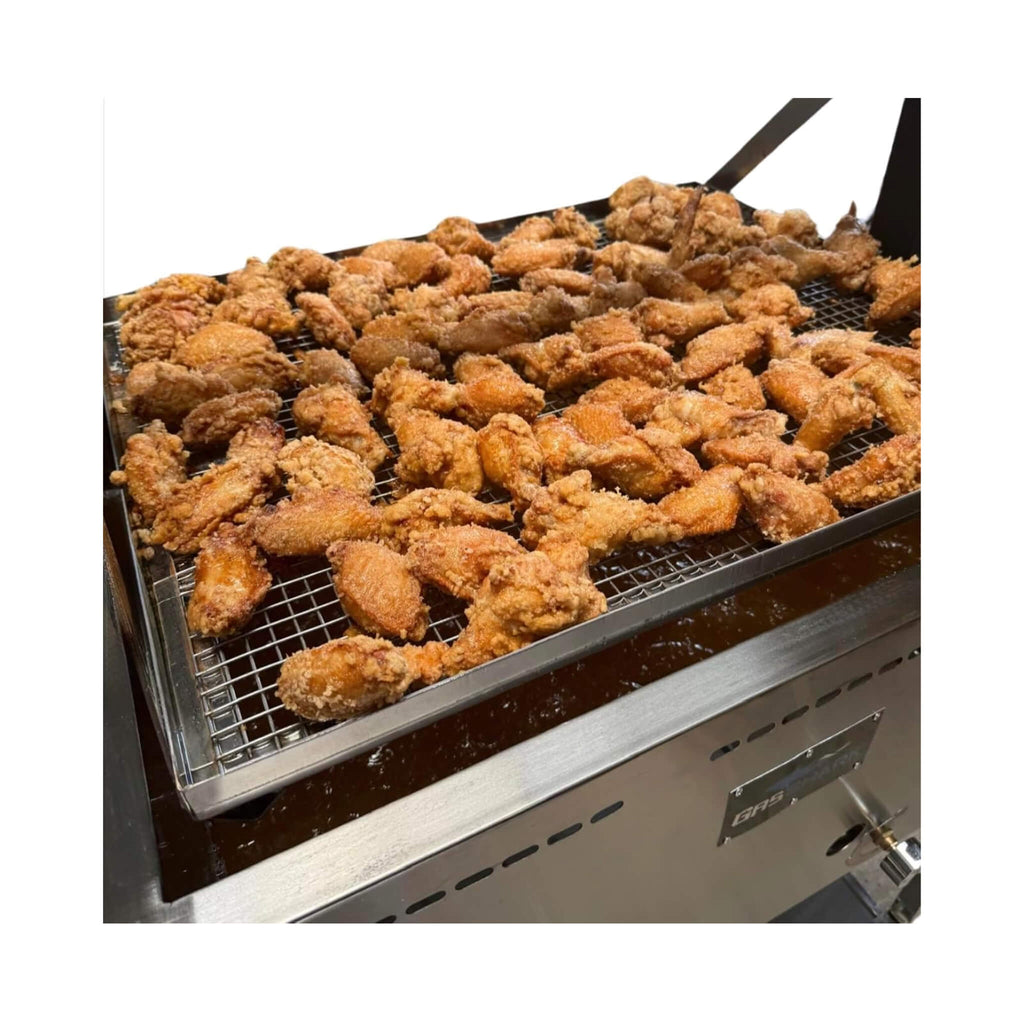 12-Gallon Commercial Outdoor Propane Deep Fryer With Cart (SAK69023) - Saksby Wholesale - With Fried Chicken Wings