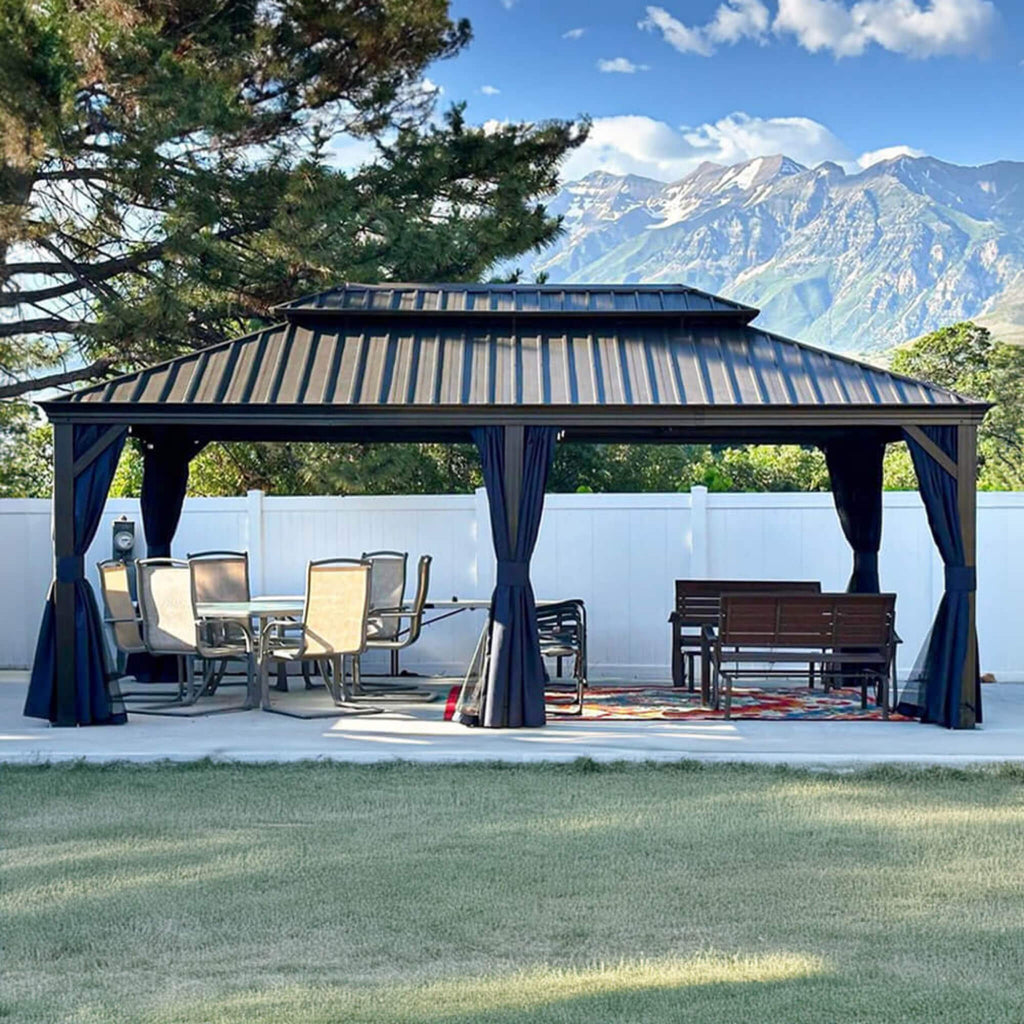 [12X20FT] Heavy-Duty Outdoor Backyard Hardtop Gazebo With Netting And Curtains (SAK18352) - Saksby Wholesale - Lifestyle View