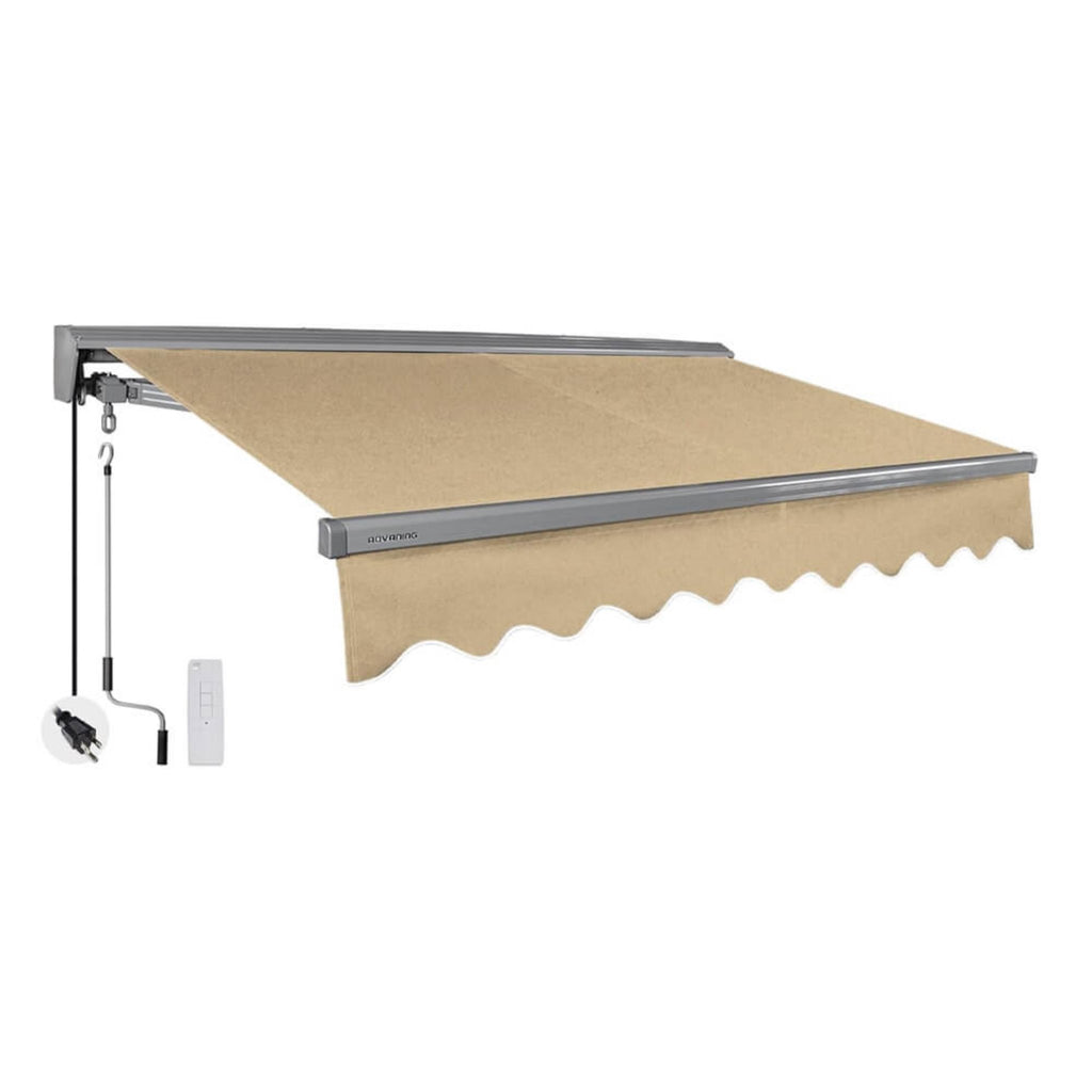 12FTx10FT Advaning Classic Series Electric Fully Assembled Retractable Sun Shade Canopy Awning (Sak92851) - Saksby Wholesale -Light Taupe Front Right View 