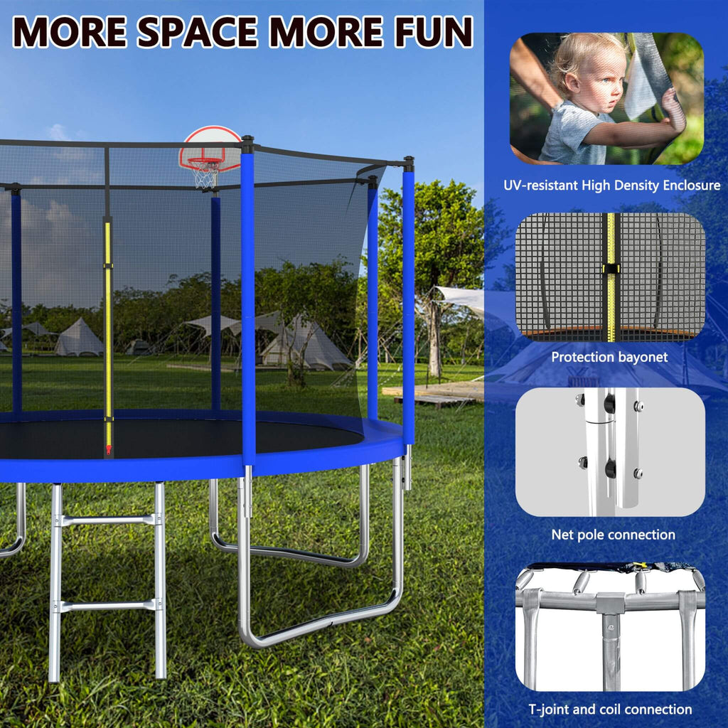12FT Outdoor Backyard Trampoline For Kids And Adults With Basketball Hoop And Safety Enclosure (SAK15723) - Features View