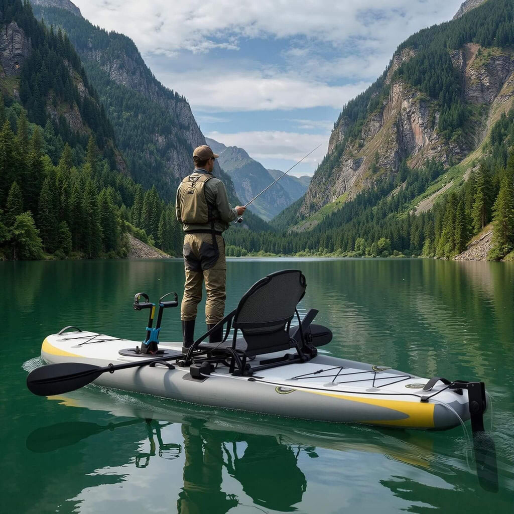 12FT Portable Lightweight Inflatable PVC Fishing Kayak With Pedal System (SAK64328) - Saksby Wholesale - Lifestyle Image With Man Fishing