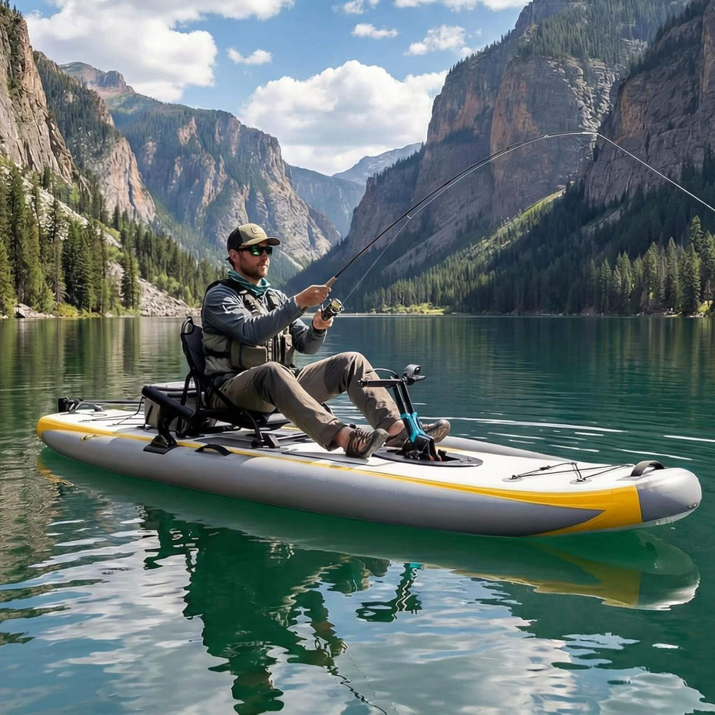 12FT Portable Lightweight Inflatable PVC Fishing Kayak With Pedal System (SAK64328) - Saksby Wholesale - Lifestyle Image With Man Sitting While Fishing