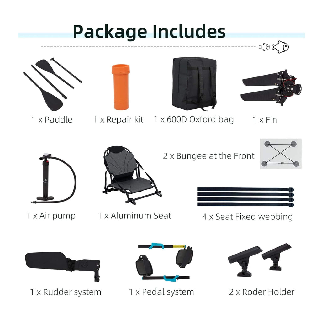 12FT Portable Lightweight Inflatable PVC Fishing Kayak With Pedal System (SAK64328) - Saksby Wholesale - Package Inclusions