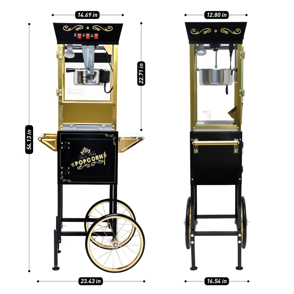 Premium 12OZ Stainless Steel Vintage Popcorn Machine Cart With Wheels (SAK51539) SAKSBY - Dimensions View