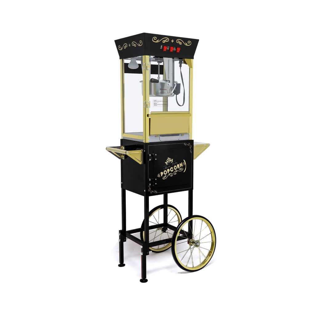 Premium 12OZ Stainless Steel Vintage Popcorn Machine Cart With Wheels (SAK51539) SAKSBY - Front Right Corner View