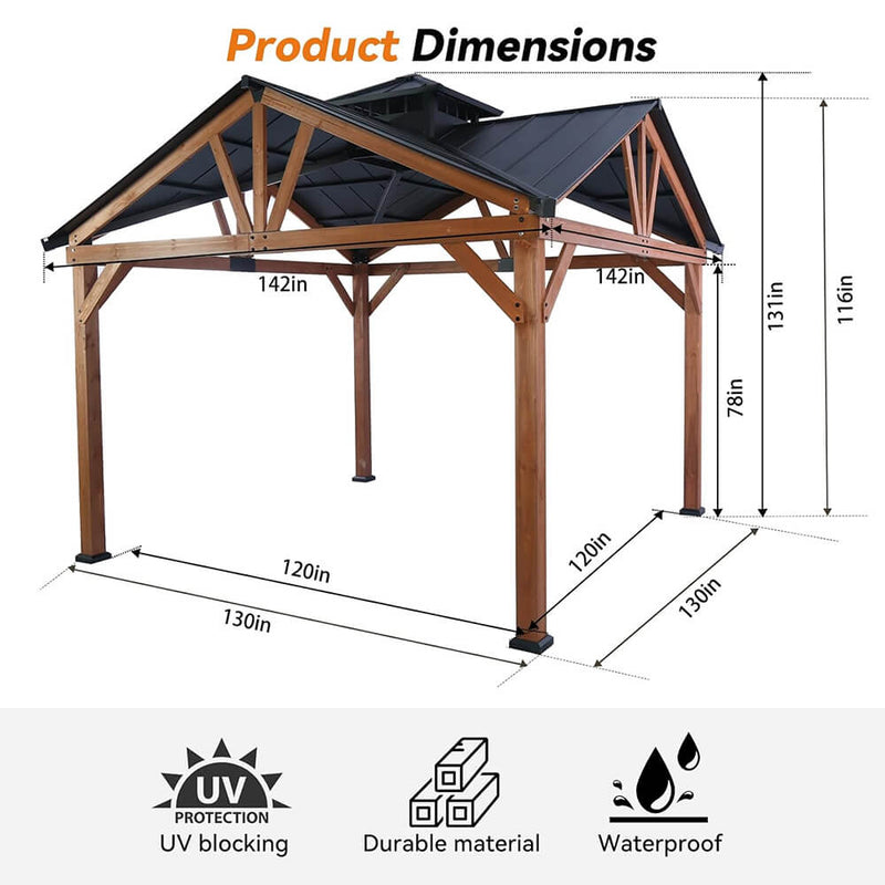 [12x12FT] Premium Outdoor Cedar Wood Hardtop Gazebo With Galvanized Steel Roof (SAK31864)