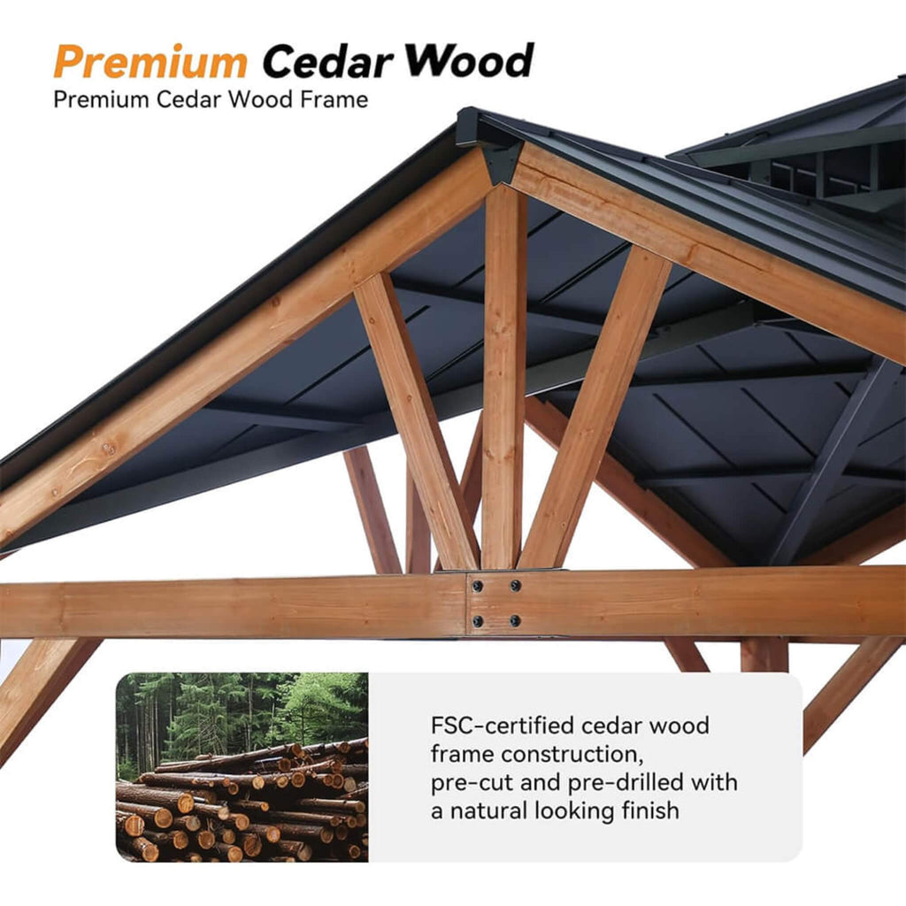 [12X12FT] Alora Premium Outdoor Cedar Wood Hardtop Gazebo With Galvanized Steel Roof (SAK31864) - Saksby Wholesale - Cedar Wood Features View