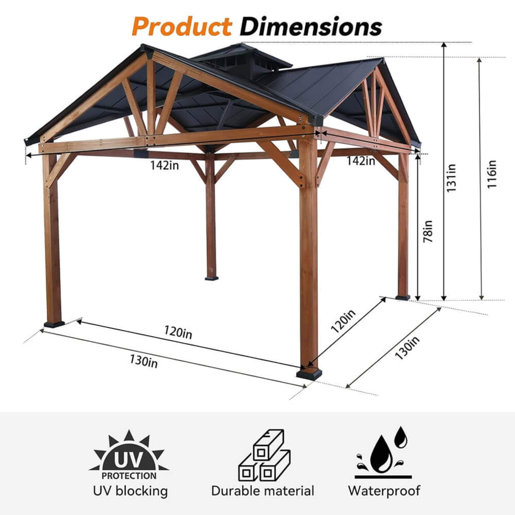 [12X12FT] Alora Premium Outdoor Cedar Wood Hardtop Gazebo With Galvanized Steel Roof (SAK31864) - Saksby Wholesale - Dimensions View
