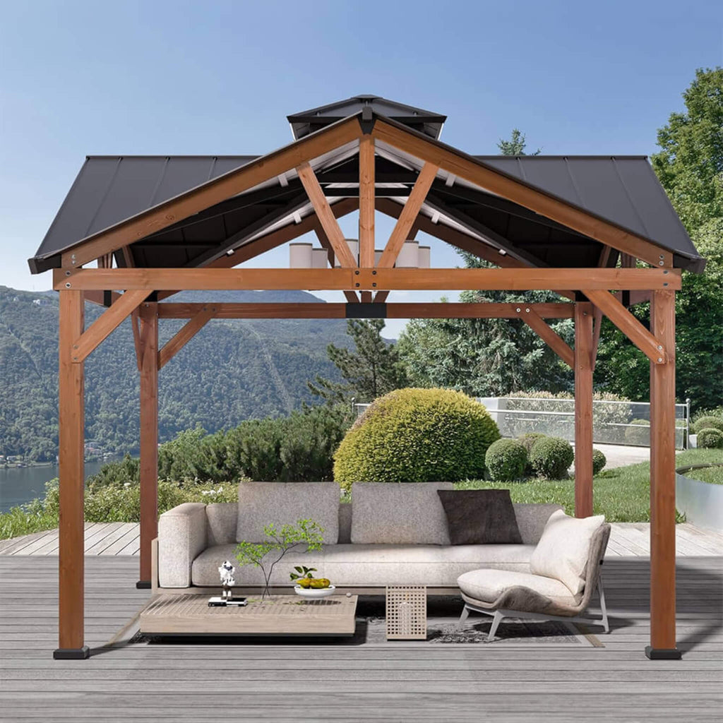 [12X12FT] Alora Premium Outdoor Cedar Wood Hardtop Gazebo With Galvanized Steel Roof (SAK31864) - Saksby Wholesale - Front Outdoor View
