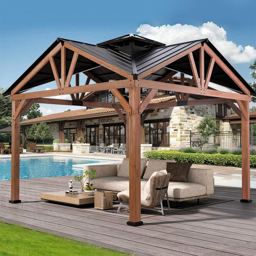 [12X12FT] Alora Premium Outdoor Cedar Wood Hardtop Gazebo With Galvanized Steel Roof (SAK31864) - Saksby Wholesale - Outdoor View