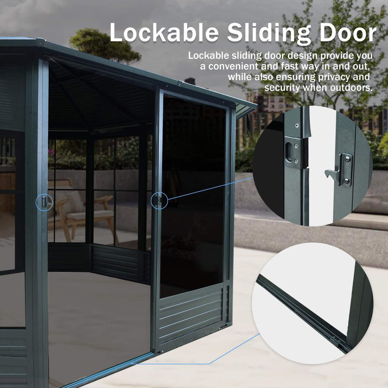 [12X12FT] Large Octagonal Sunroom Solarium With Lockable Sliding Doors And Galvanized Steel Sloping Roof (SAK47843) - Saksby Wholesale - Door Features