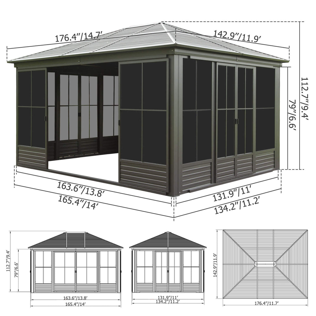 [12X14FT] All-Weather Outdoor Aluminum Sunroom With Galvanized Steel Hardtop Sloping Roof, Lockable Doors, And Moveable PC Screens SAK76831 - Saksby Wholesale - Dimensions