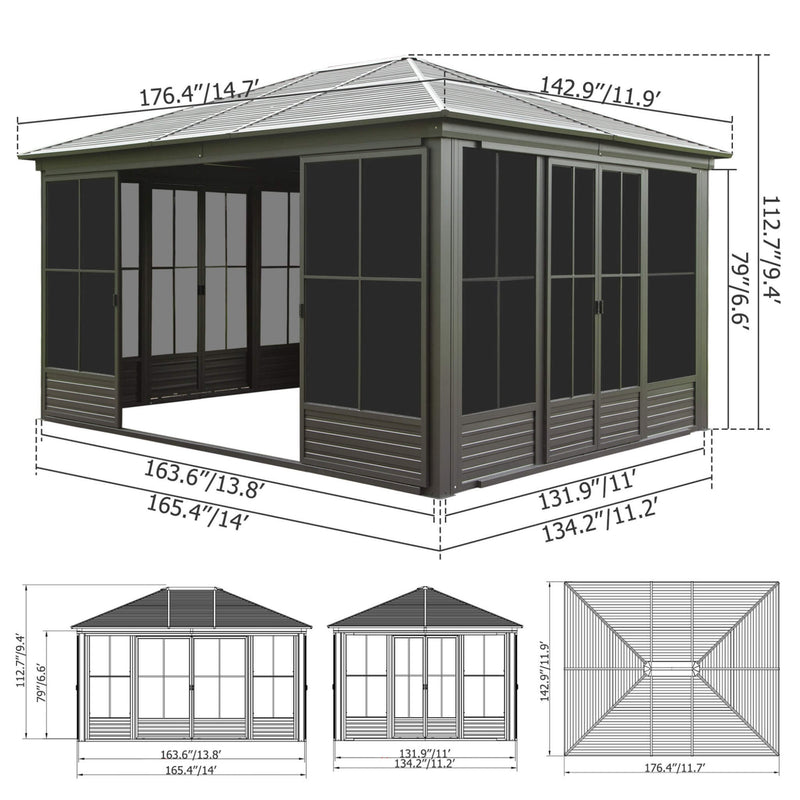 [12X14FT] All-Weather Outdoor Aluminum Sunroom With Galvanized Steel Hardtop Sloping Roof, Lockable Doors, And Moveable PC Screens SAK76831 - Saksby Wholesale - Dimensions