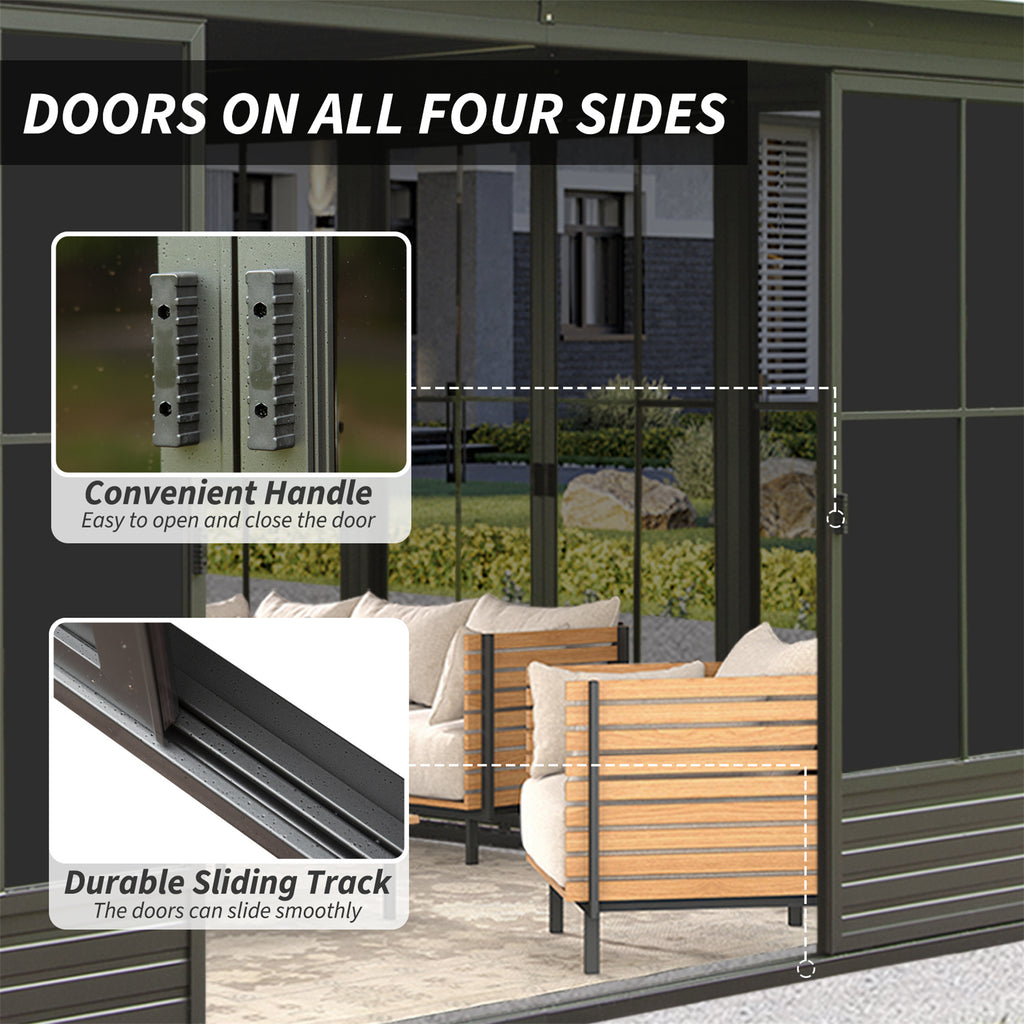 [12X14FT] All-Weather Outdoor Aluminum Sunroom With Galvanized Steel Hardtop Sloping Roof, Lockable Doors, And Moveable PC Screens SAK76831 - Saksby Wholesale - Doors