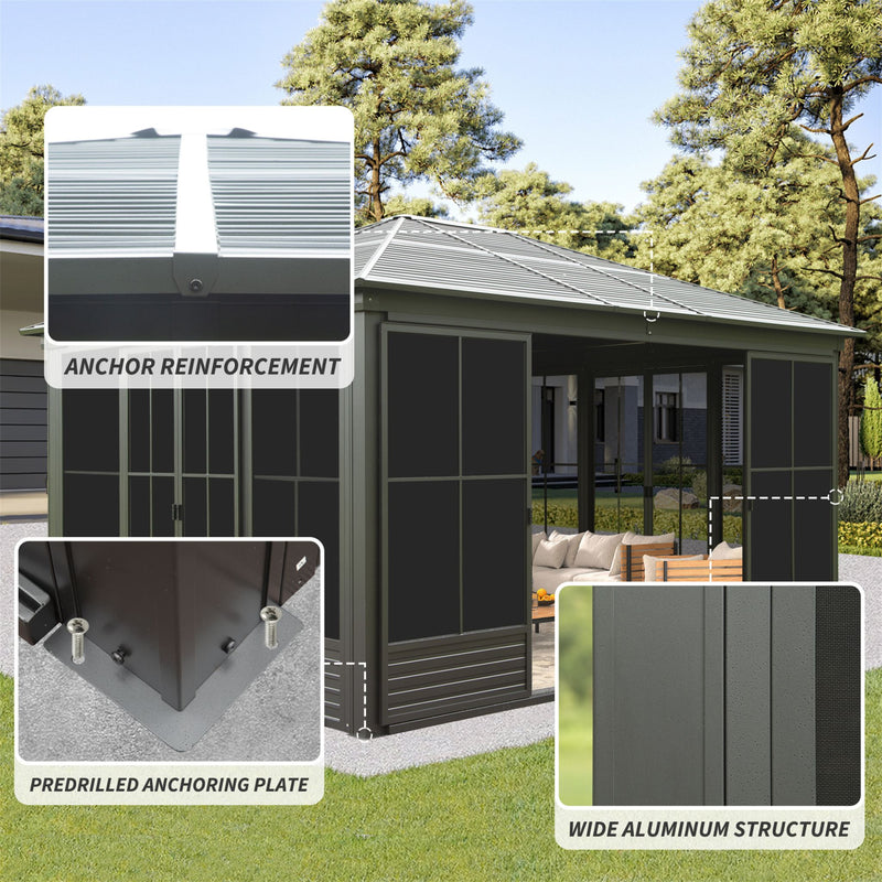 [12X14FT] All-Weather Outdoor Aluminum Sunroom With Galvanized Steel Hardtop Sloping Roof, Lockable Doors, And Moveable PC Screens SAK76831 - Saksby Wholesale - Features