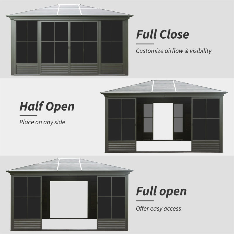 [12X14FT] All-Weather Outdoor Aluminum Sunroom With Galvanized Steel Hardtop Sloping Roof, Lockable Doors, And Moveable PC Screens SAK76831 - Saksby Wholesale - Open/Close Door