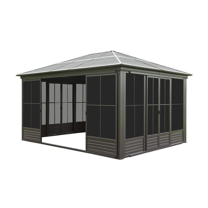 [12X14FT] All-Weather Outdoor Aluminum Sunroom With Galvanized Steel Hardtop Sloping Roof, Lockable Doors, And Moveable PC Screens SAK76831 - Saksby Wholesale - Sunroom In White Background