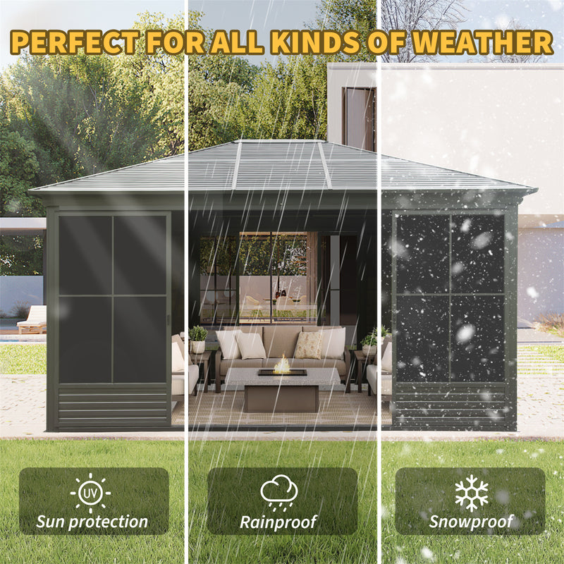 [12X14FT] All-Weather Outdoor Aluminum Sunroom With Galvanized Steel Hardtop Sloping Roof, Lockable Doors, And Moveable PC Screens SAK76831 - Saksby Wholesale - Weather Proof