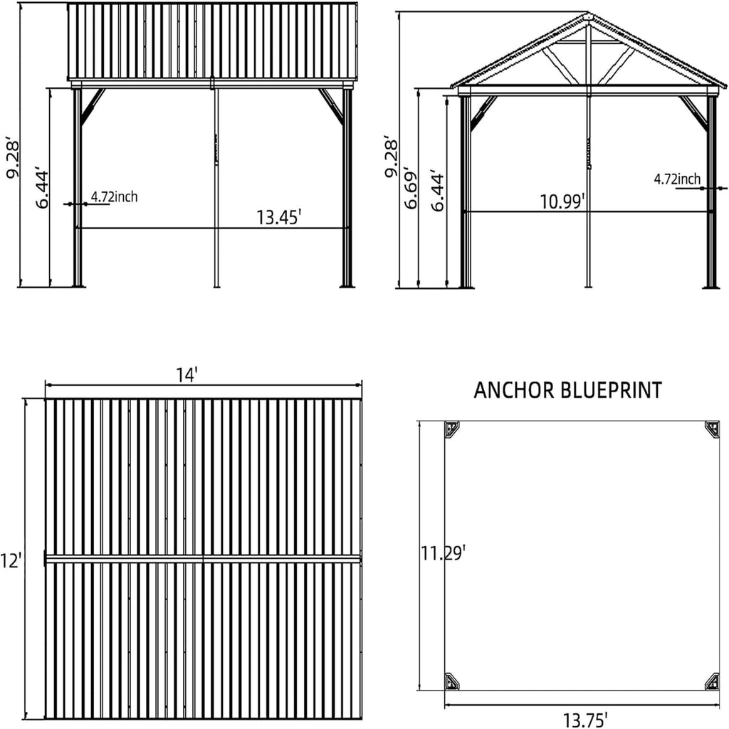 [12X14FT] Alora Hardtop All-Weather Outdoor Gazebo With Galvanized Steel Roof (SAK83261) - Saksby Wholesale - Dimension View