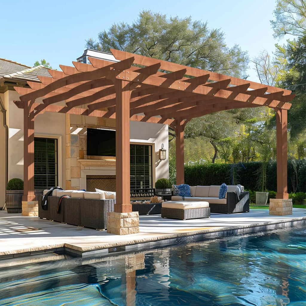 [12x14FT] Luxury Outdoor All-Season Backyard Cedar Wood Gazebo Pergola With Arched Roof And Stakes For Patios (SAK68194) SAKSBY - Front Left Corner View in Front Of Pool