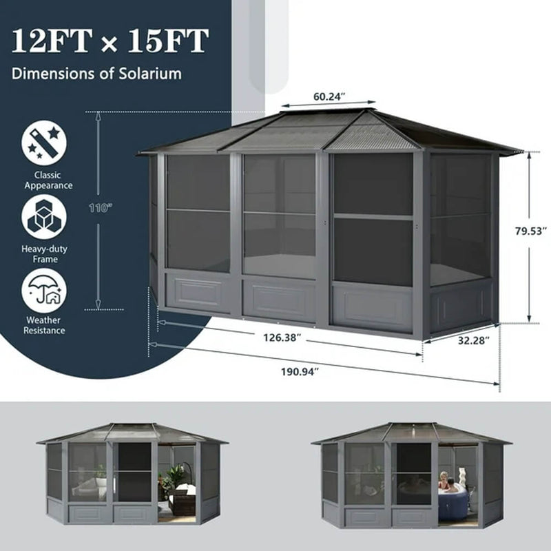 [12x15FT] Extra Large Premium Outdoor All-Season Polycarbonate Hardtop Solarium Sunroom With Sliding Doors (SAK69584)