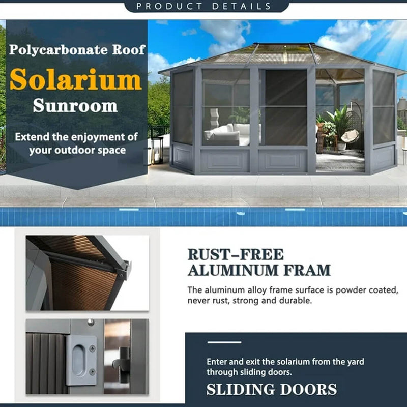 [12x15FT] Extra Large Premium Outdoor All-Season Polycarbonate Hardtop Solarium Sunroom With Sliding Doors (SAK69584)