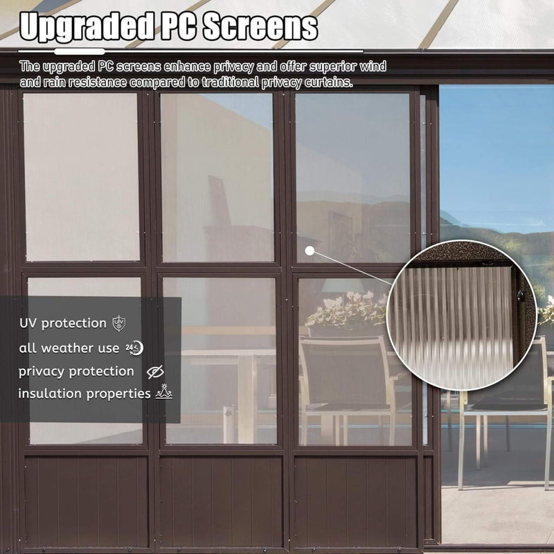 [12x16FT] Extra Large All-Season Outdoor Wall-Mounted Sunroom Solarium With Detachable Polycarbonate Windows And Lockable Sliding Doors (SAK97835) - Saksby Wholesale - PC Screen Features