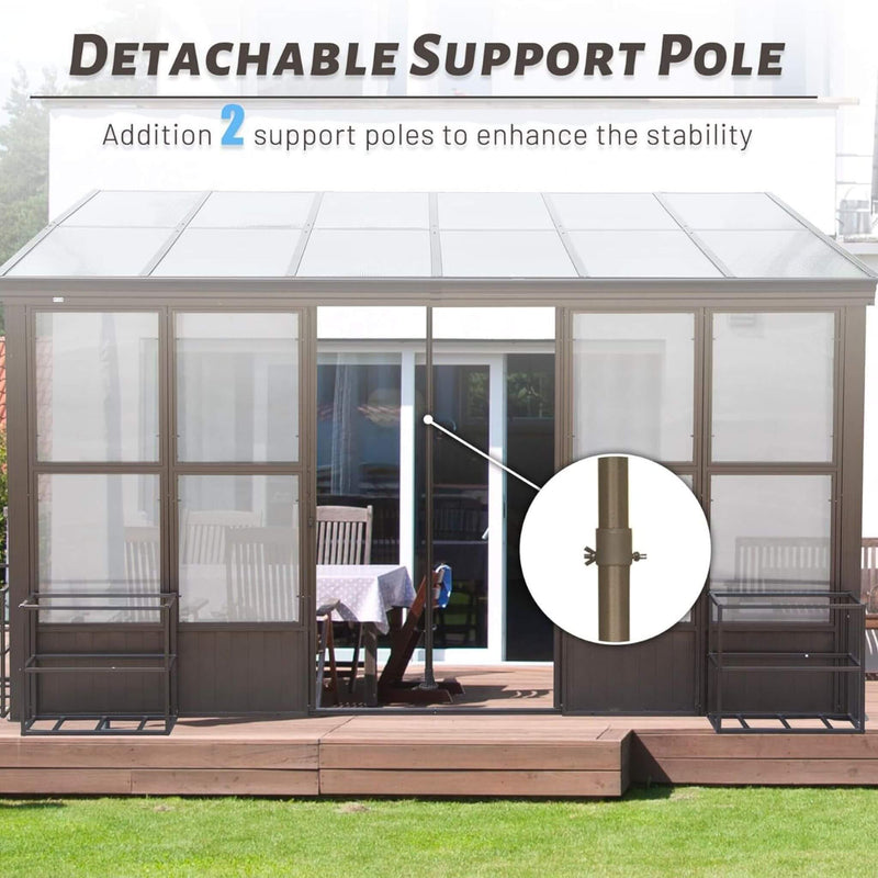 [12x16FT] Extra Large All-Season Outdoor Wall-Mounted Sunroom Solarium With Detachable Polycarbonate Windows And Lockable Sliding Doors (SAK97835) - Saksby Wholesale - Detachable Support Pole