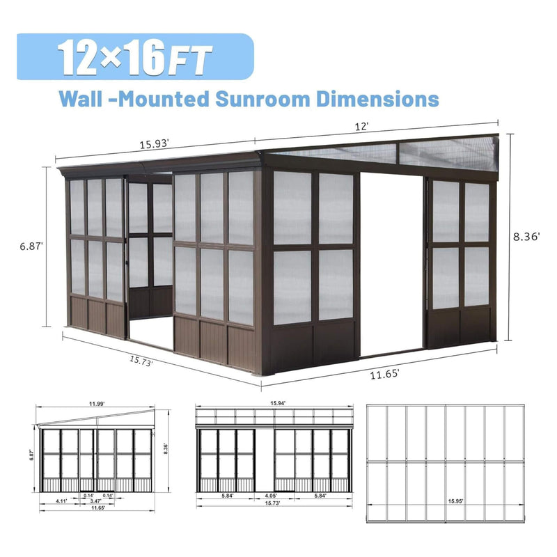 [12x16FT] Extra Large All-Season Outdoor Wall-Mounted Sunroom Solarium With Detachable Polycarbonate Windows And Lockable Sliding Doors (SAK97835) - Saksby Wholesale - Product Dimensions