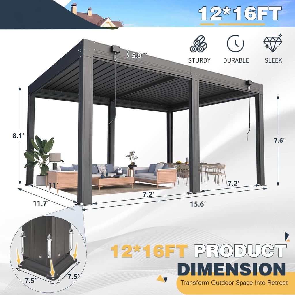[12X16FT] Gray Louvered Aluminum Pergola With Adjustable Roof And Pull-Down Screens (SAK46817) - Saksby Wholesale - Dimensions