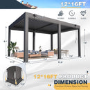 [12X16FT] Gray Louvered Aluminum Pergola With Adjustable Roof And Pull-Down Screens (SAK46817) - Saksby Wholesale - Dimensions