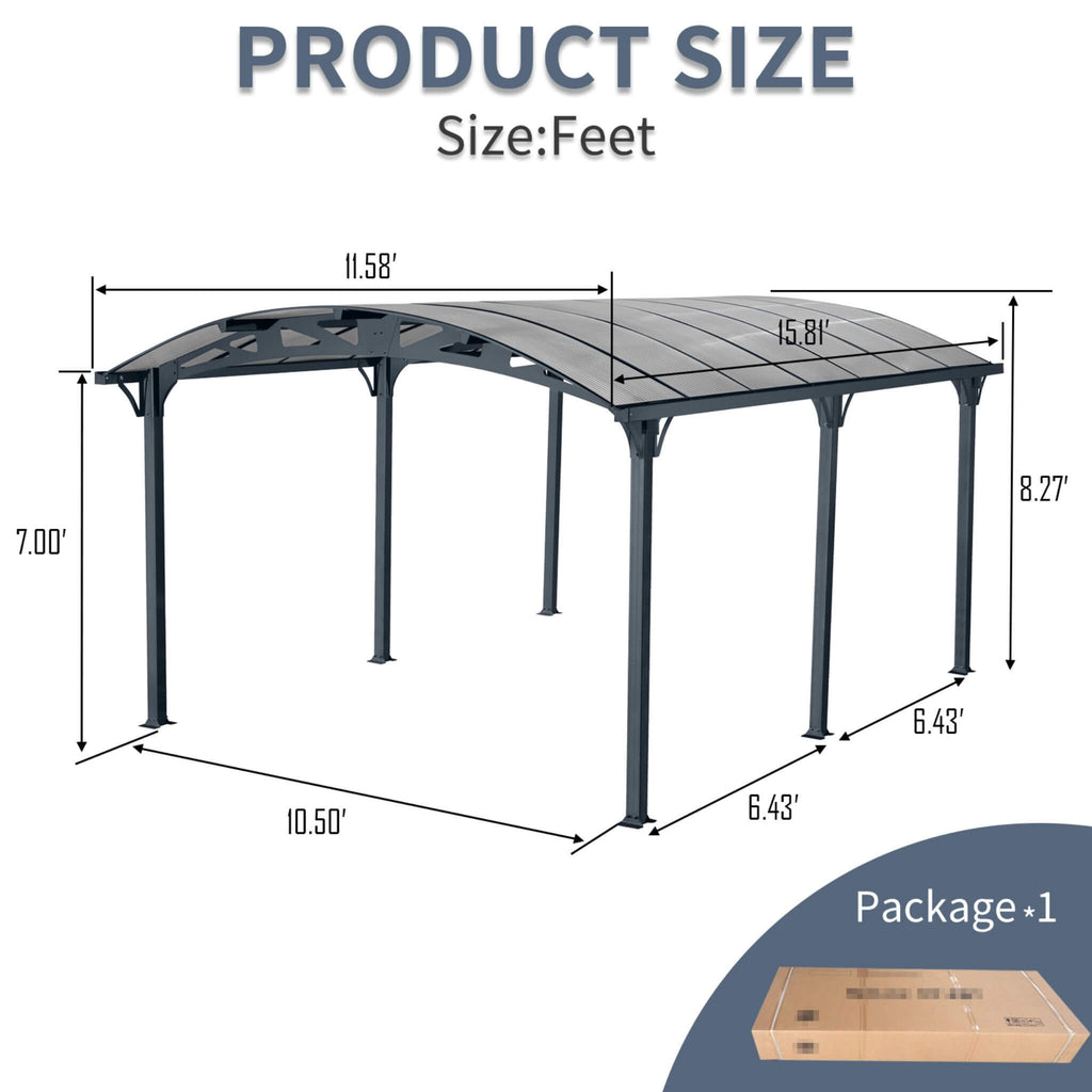 [12X16FT] Large Outdoor Aluminum Arch Carport With Polycarbonate Panels (SAK65820) - Saksby Wholesale - Product Size Feet