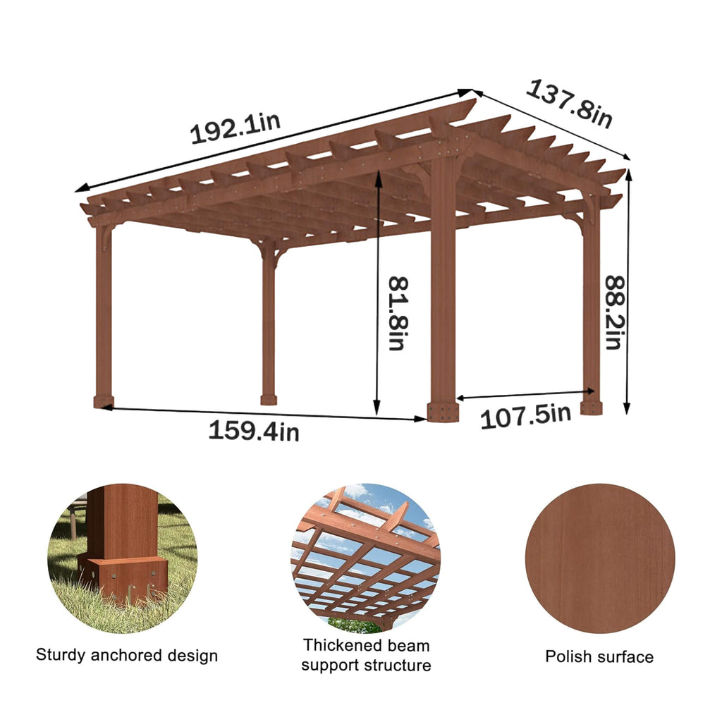 [12X16FT] Outdoor Cedar Wood Patio Pergola With Slatted Trellis Roof (SAK92150) - Saksby Wholesale - Dimensions