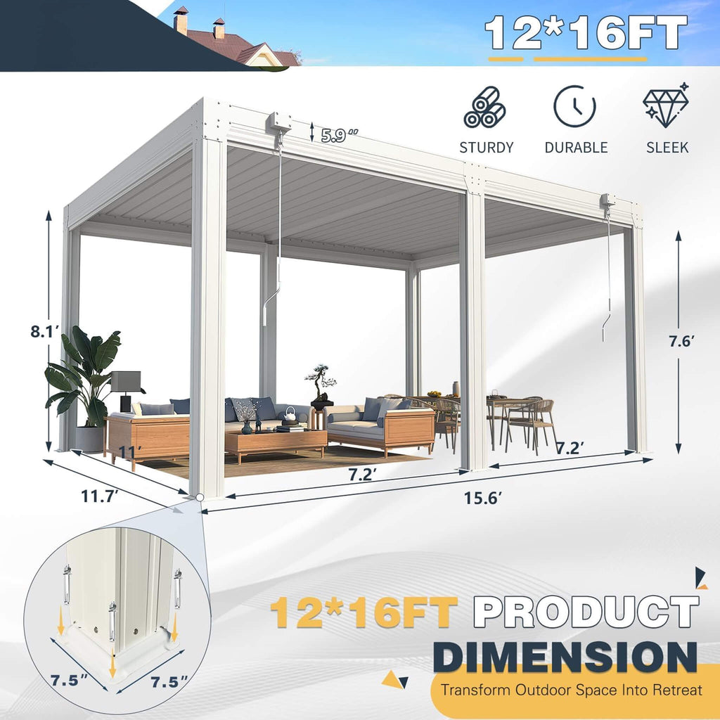 [12X16FT] White Louvered Aluminum Pergola With Adjustable Roof And Pull-Down Screens (SAK46817) - Saksby Wholesale - Dimensions