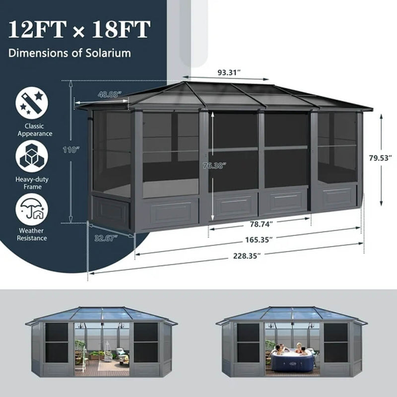 [12x18FT] Large Luxury Outdoor All-Season Aluminum Solarium Sunroom With Polycarbonate Hardtop And Sliding Doors (SAK35948)