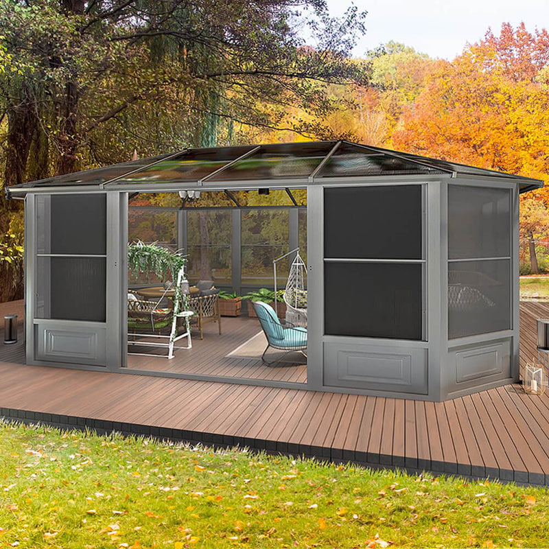 [12x18FT] Large Luxury Outdoor All-Season Aluminum Solarium Sunroom With Polycarbonate Hardtop And Sliding Doors (SAK35948)